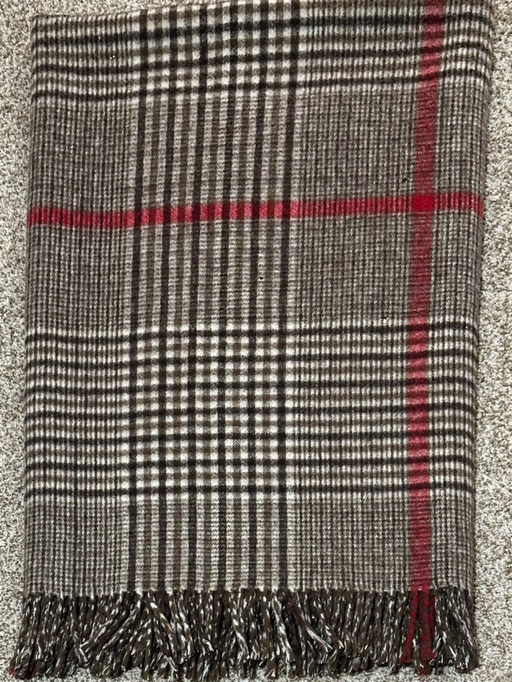 Vintage Made in England Plaid Tartan Fringe Throw Blanket Brown Red 58x72